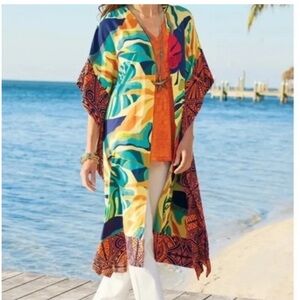 Soft Surroundings Palermo Hot Topics Tropical Longline Kimono Beach Cover Up
